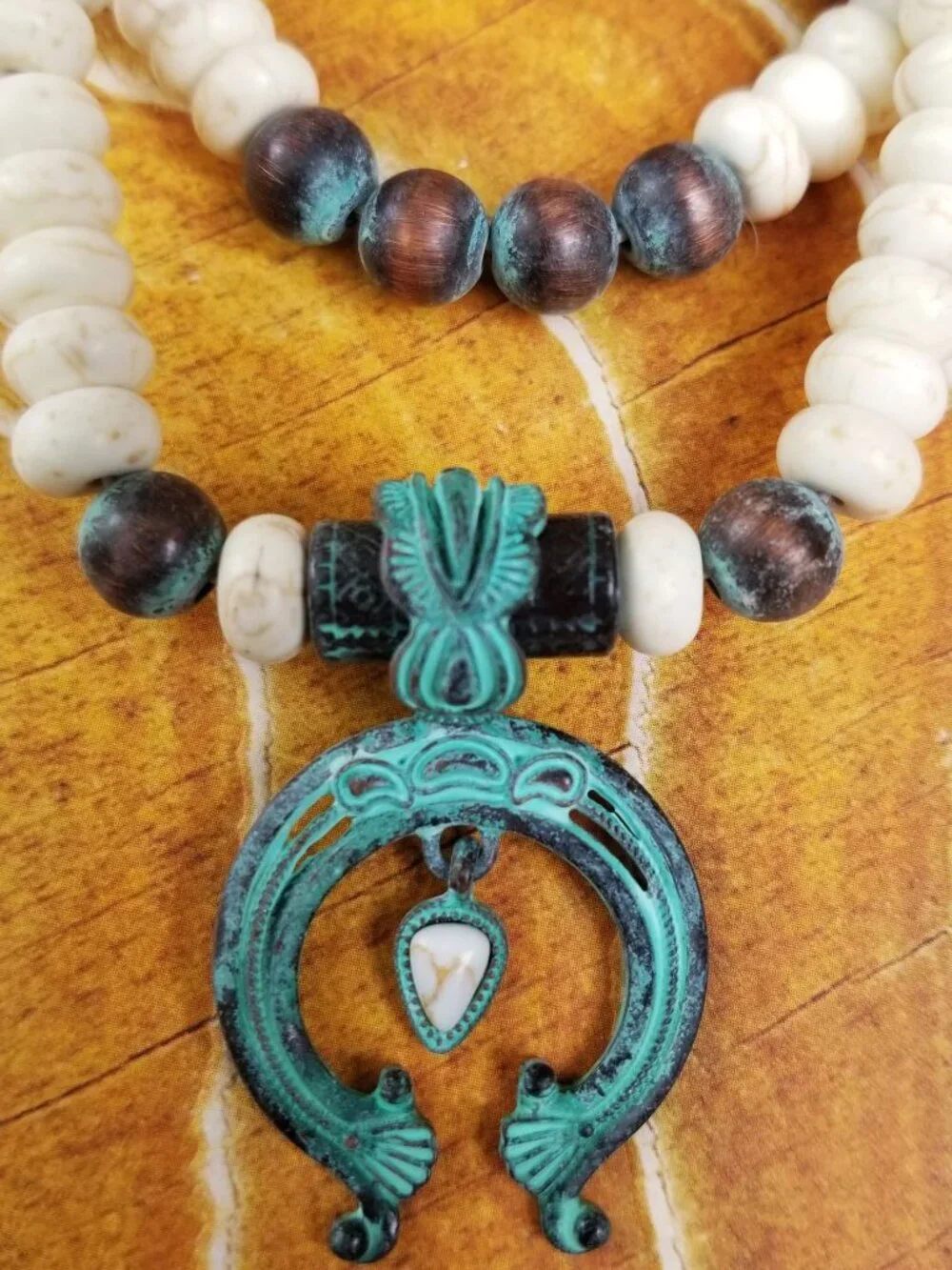 Southwestern Turquoise Patina Squash Blossom Beaded Bracelet Stack Set OSFM NWT